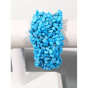 Beachy Boho Blue Faux Turquoise Stone Chip Wide Stretch Bracelet 7"